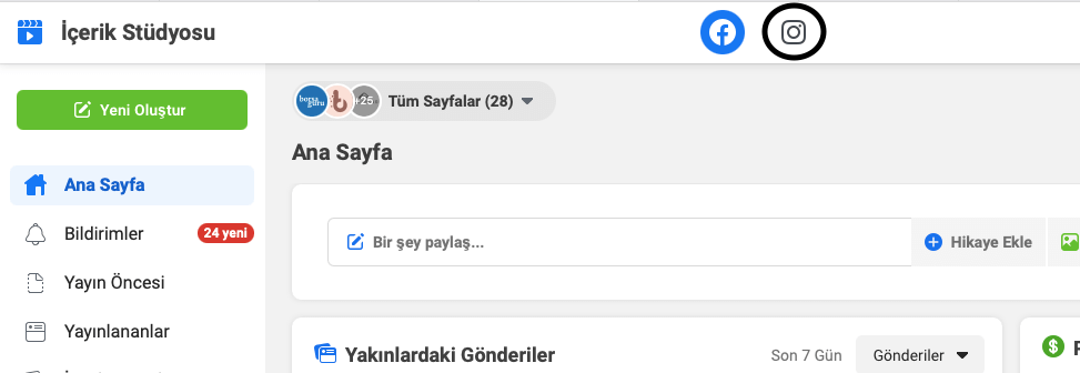 Eski Facebook Creator Studio arayüzünde Instagram sekmesine geçiş
